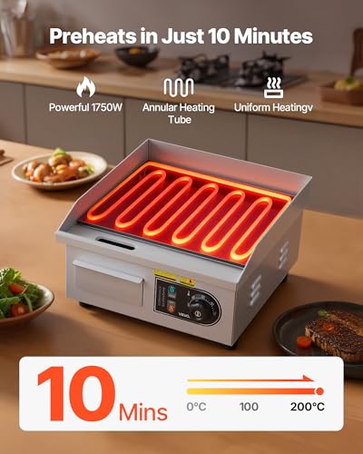 Image of VEVOR Commercial Electric Griddle, 13.98 x 11.81 inch, 1750W, 122-570F Adjustable Temp Control, Stainless Steel Countertop Flat Top Grill with 2 Spatulas and 2 Brushes, for Steak, Pancake, Squid