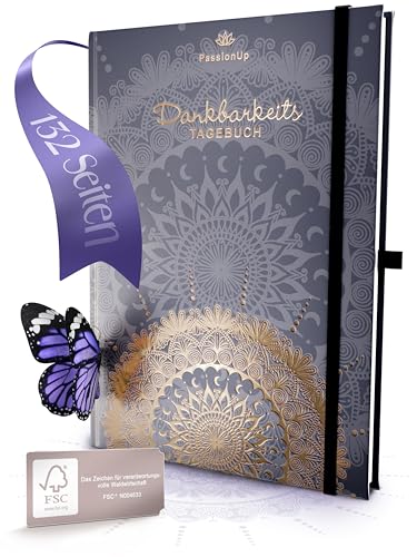 PassionUp Dankbarkeitstagebuch für Erwachsene. Fundiert & Wirkungsvoll - Geführtes Journal Buch mit edler Goldprägung - Anthrazit - Dein 5 Minuten Tagebuch für mehr Dankbarkeit & Selbstliebe
