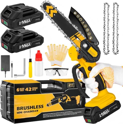 Mini Motosierra Bateria,6 Pulgadas Sin escobillas, motosierra eléctrica,con motor de 1000 W y 2 baterías,Ideal para corte de madera y poda de ramas