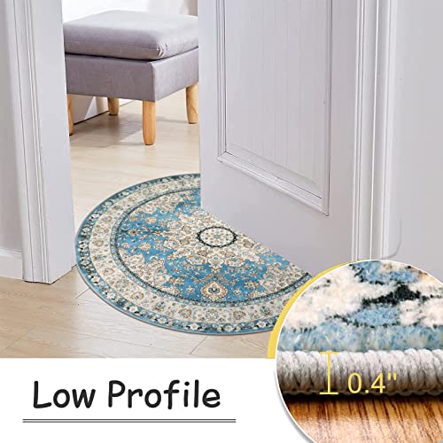 Lahome Oriental Floral Medallion Round Rug - 4Ft Blue Vintage Round Kitchen Area Rug, Soft Non-Slip Washable Coffee Table Mat Indoor Accent Laundry Room Carpet For Classroom Entrance Office #TOP3