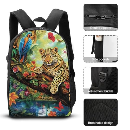 Tropical Forests Parrots And Leopard Large Travel Backpacks Carry on Backpack Weekender Bag with 2 Storage Pockets for Men And Women3