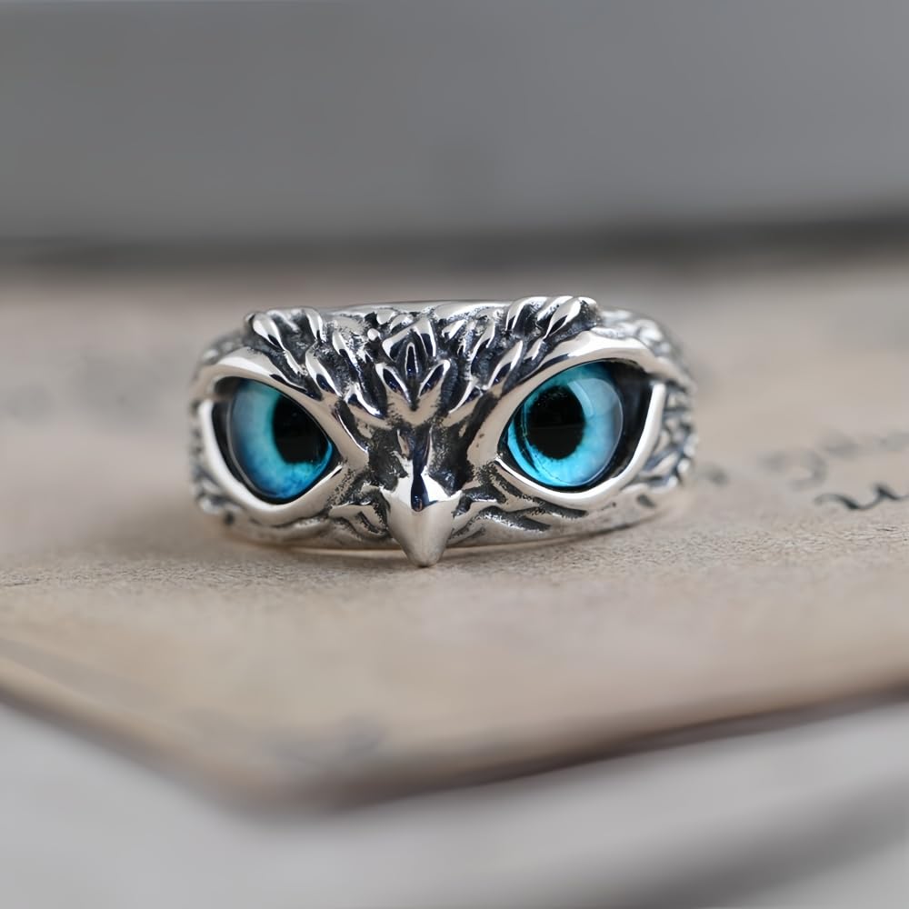 Retro 925 Sterling Silber Eule Nachteule Ring mit Blauen Augen für Herren Damen Offen und Verstellbar