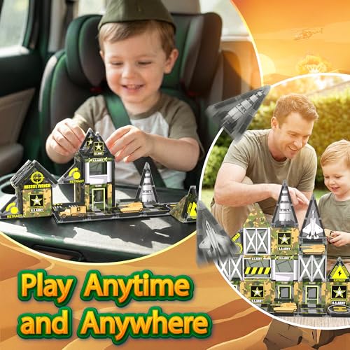 42PCS Mini Magnetic Tiles Army Base Travel Set with Iron Box STEM Educational Military Building Blocks Magnetic Construction Toy for Kids Ages 3 to 8 Creative Gift for Boys and Girls - Image 4