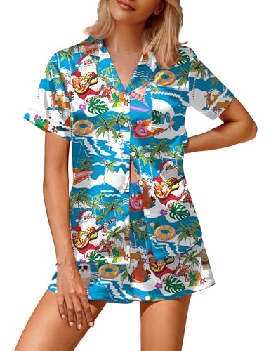 Ekouaer Silk Satin Pajamas 2 Piece Pajamas for Women Set Button Down PJ Short Sleeve and Shorts Pjs Lounge Sets Blue Santa Claus L