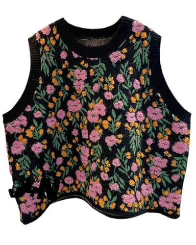 Image of Women Pink Peach Flower Embroidery Knitted Sleeveless O-neck Knitwear Sweater Vest, Large, Black