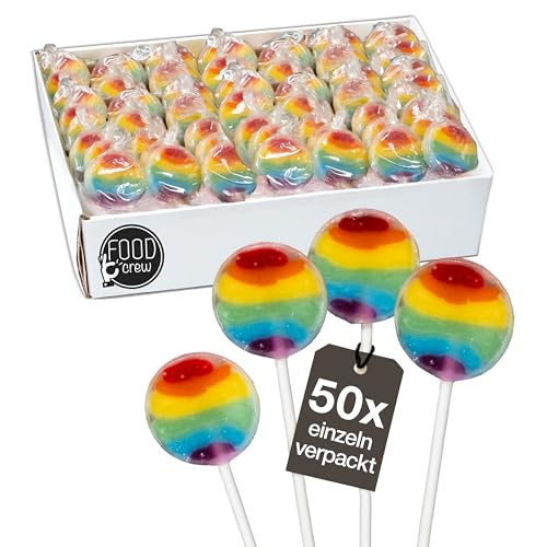FOOD crew 50x Regenbogen Lollies - 400g Lutscher Bunt - Regenbogen Süßigkeiten - Vegan mit Natürlichen Aroma & Farbstoffe - Tischdeko Regenbogen Lolli für Candy Bar Kindergeburtstag