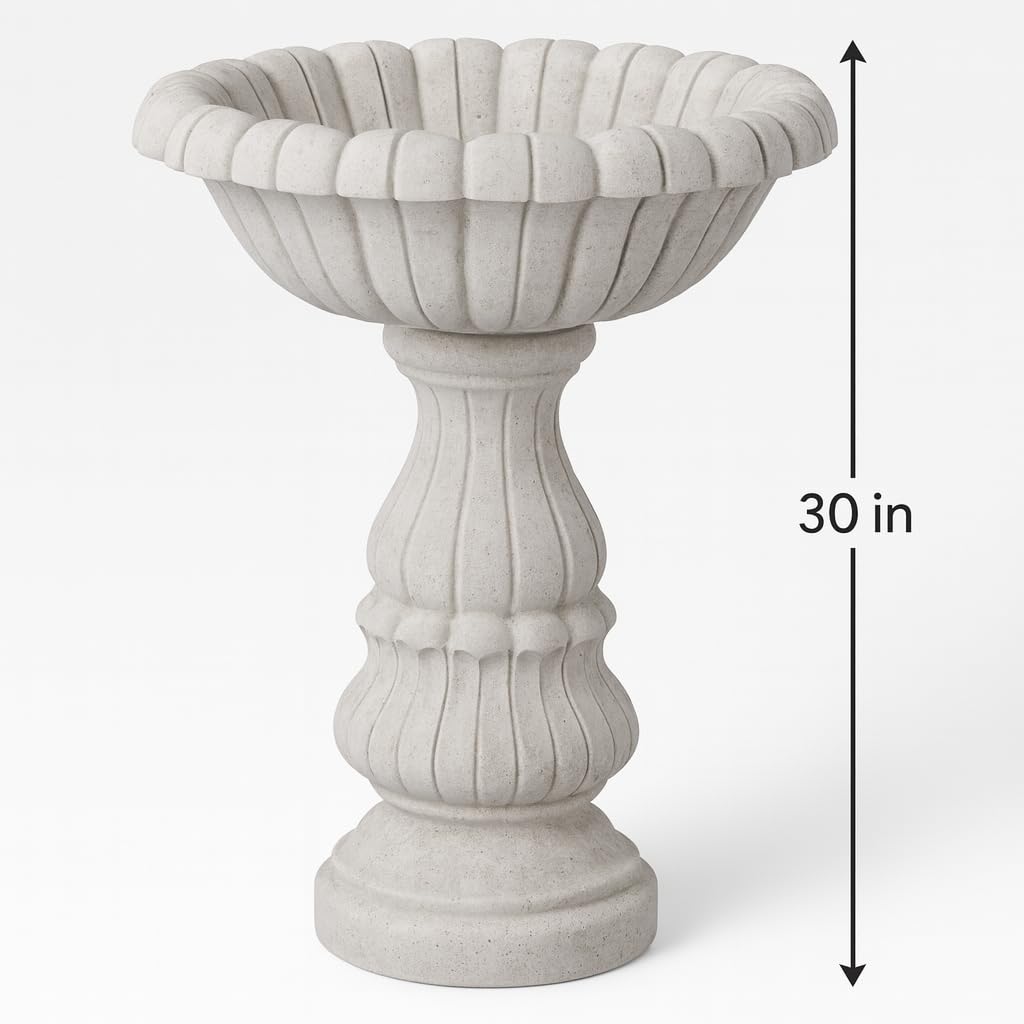 RM 30-Inch Round White Marble Birdbath with Pedestal Stand | Heavy-Duty Outdoor Garden Bird Bath for Patio Lawn Yard Decor | Handcrafted Natural Stone Fountain Bowl 2