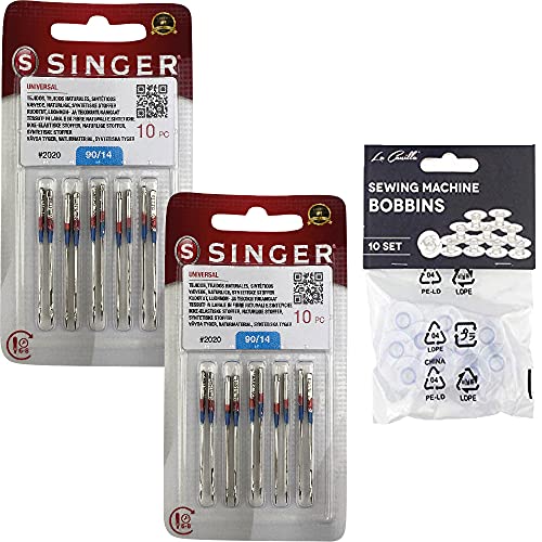 Pack de 20 Agujas para Máquinas de Coser Singer 2020 Universales Grosor 90/14 para Tejidos de Algodón y Sintéticos 130/705...