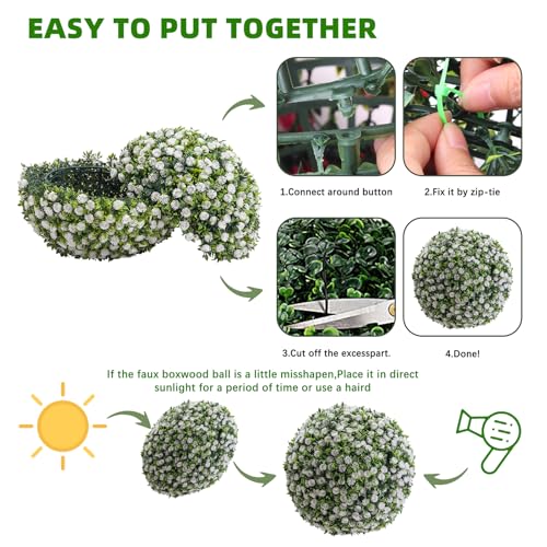 15" Artificial Topiary Balls 2PCS, Flower Topiary Ball Decorative Balls for Outdoor Patio Garden and Indoor, Wedding Decoration, White