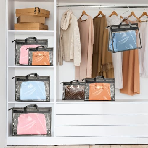 Image of 9 Pieces Storage Organizer for Handbags,3 Sizes Dust Bags for Handbag Storage,Clear Handbag Storage Bag with Zipper and Handles,Dustproof & Moistureproof (Gray)