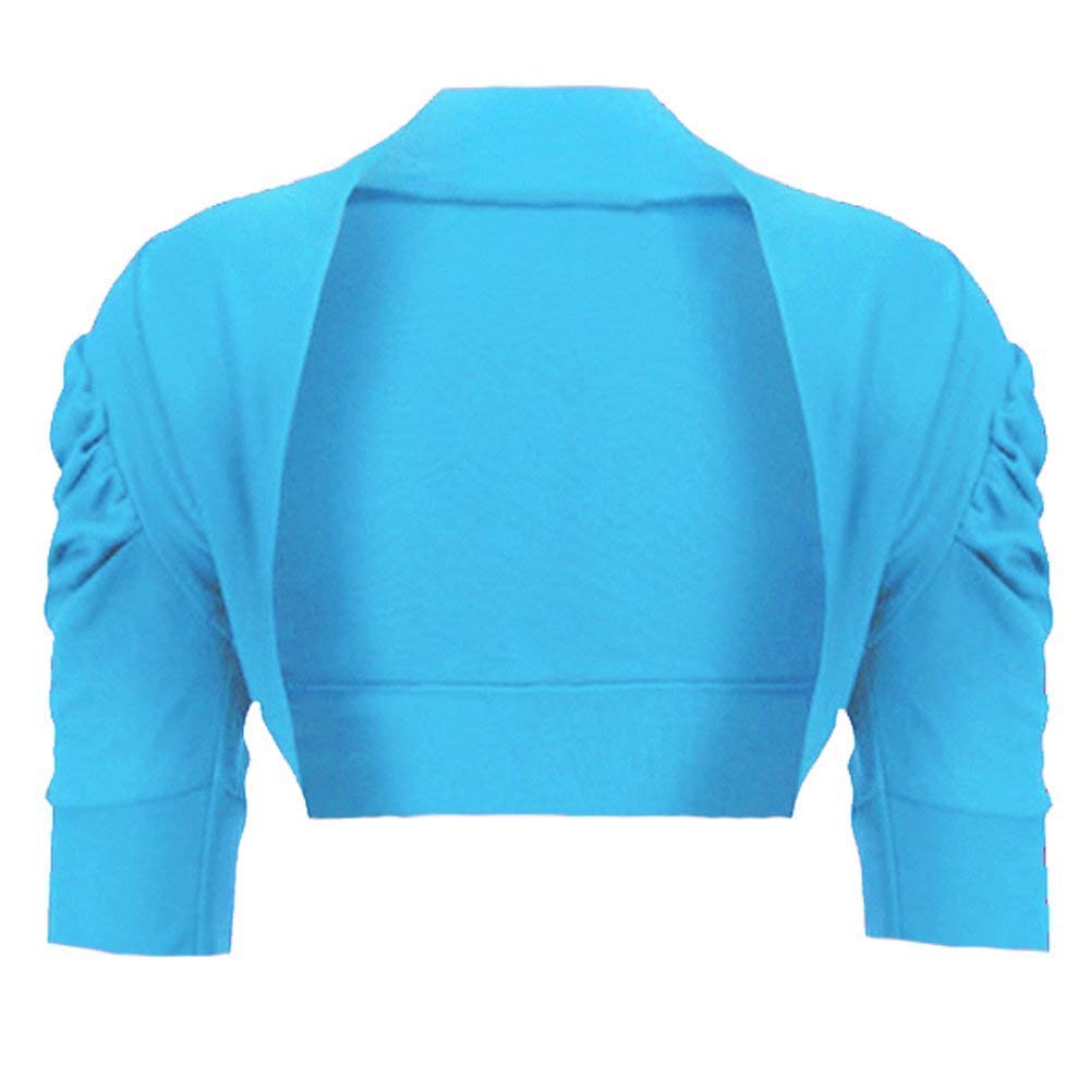 Girls Ruched Sleeve Cotton Bolero Shrug in Turquoise 5-6 Years