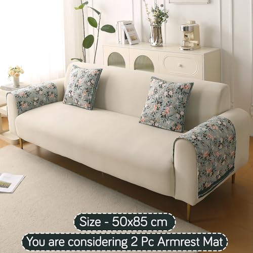 Image of HOKIPO 'Florentina Series' Premium Holland Velvet Sofa Arm Cover with Foam Filling & Anti Slip Backing | 2 Pcs | Magnolia Green (IN-876-V1*2S)