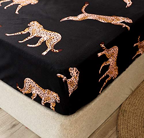 Image of Bedding Fitted Sheet with Deep Pocket,Leopard Printed Thicken Fabric Bed Sheets (Black Gold, Twin)