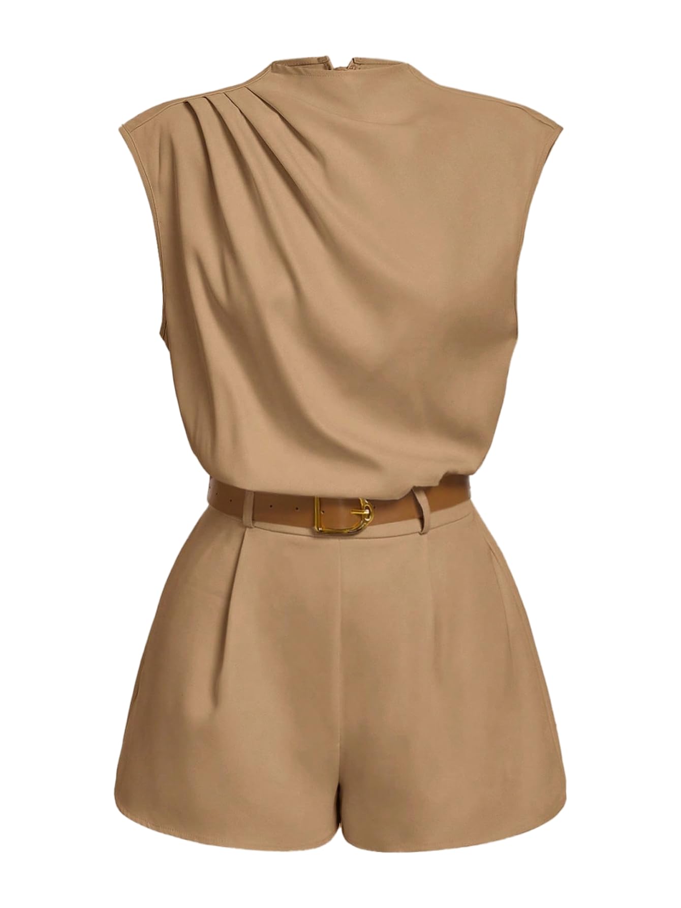 Women's Summer Ruched Mock Neck Romper Elegant Cap Sleeve Belted Work Short Jumpsuits-image-17