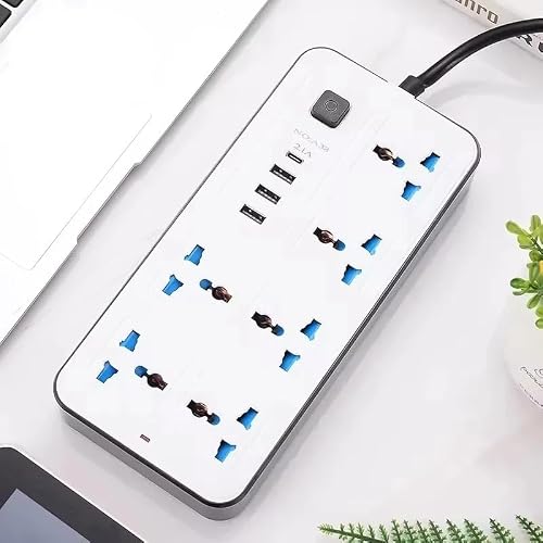 مشترك كهربائي متعدد المنافذ - مشترك كهربائي بقوة 2500 واط مع 3 منافذ USB ومخرج واحد من النوع Type-C ، بطول سلك 2 متر (ابيض, 6 منافذ)