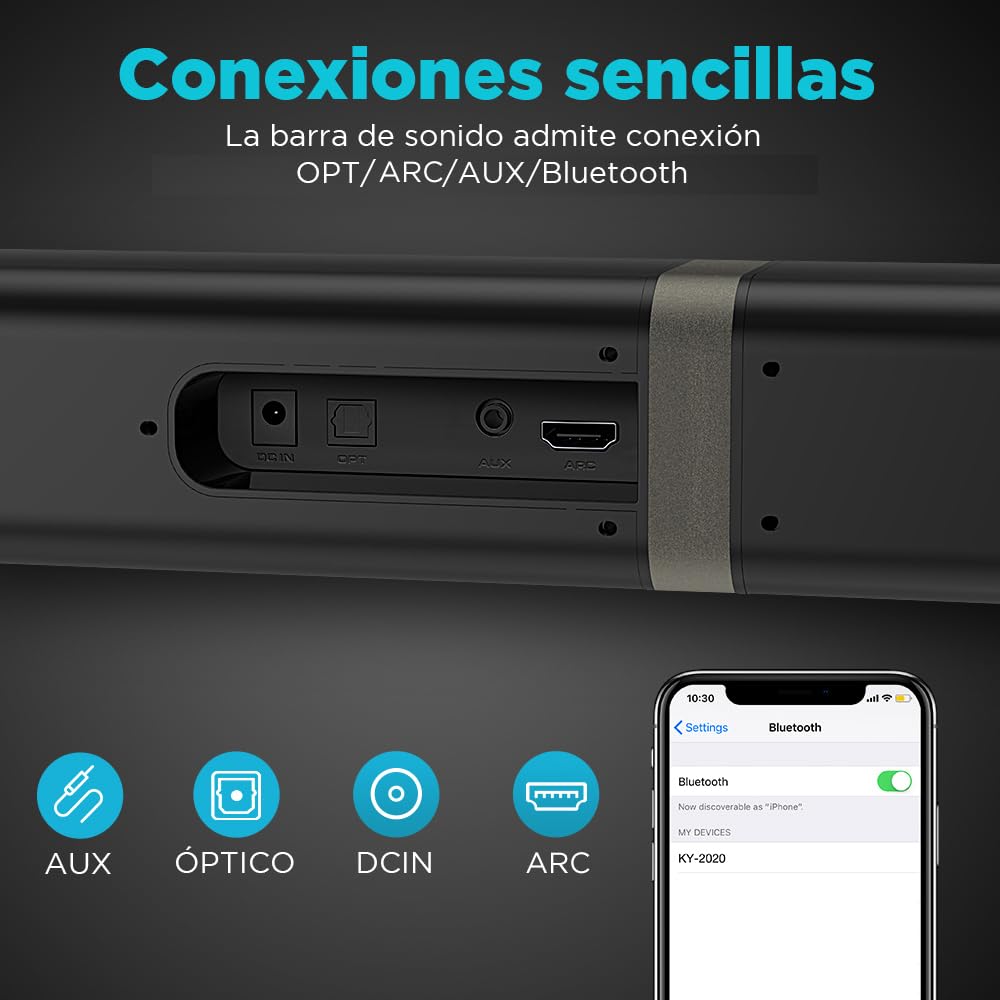 2.0 Barra de Sonido para TV, Barra de Sonido Separable 2 en 1 de 32 Pulgadas para Dispositivos de TV con 3 Modos de ecualización y 3 Sonidos envolventes, ARC/Óptico/AUX, 1pcs