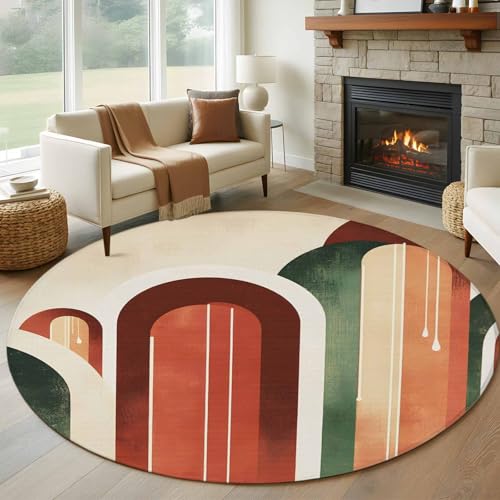 Round Area Rug 5ft, Modern Boho Geometric Arch Soft Washable