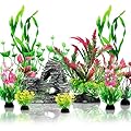 QUOZUO Fish Tank Accessories Aquarium Plants, 12pcs Colorful Fish Tank Artificial Plants and Cave Rock Decor Set, Aquarium Decorations Plants