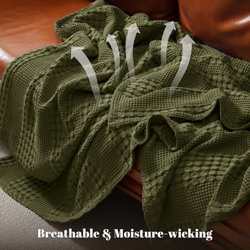 Image of PHF 100% Cotton Waffle Blanket Queen Size for Bed, Lightweight Breathable and Soft for Summer, Luxury Aesthetic Waffle Weave Blanket for Home Decor & Gifts for Women, 90 inchx90 inch, Capulet Olive