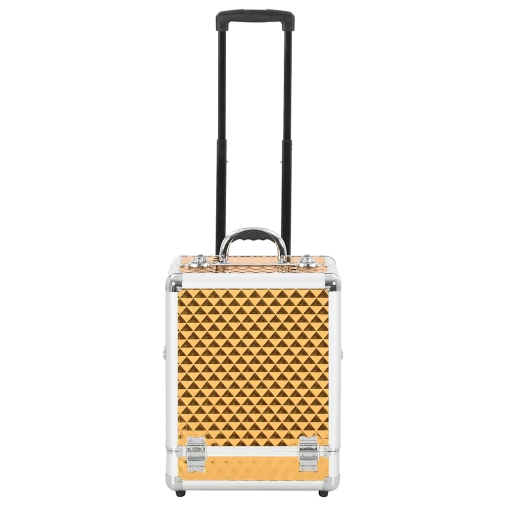 Kosmetikkoffer mit Rollen Gold Aluminium Schminkkoffer Beauty Case mit 6 Ablagen verschließbar 35 x 29 x 45 cm