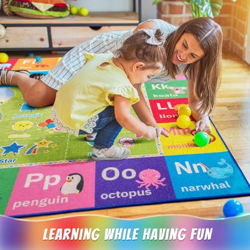 ABC Kids Rug for Playroom, 4x6 Washable Classroom Area Rugs, Toddler Educational Play Mat with Alphabet Numbers Seasons Shapes, Learning Fun for Preschool Children, Colorful - Image 3
