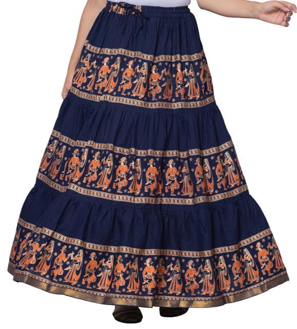 Image of Women's Cotton Printed Long Skirt | Ethnic Folk Print Tiered Maxi Skirt for Women | Elastic Waist Flared Boho Skirt | Traditional Casual for Women
