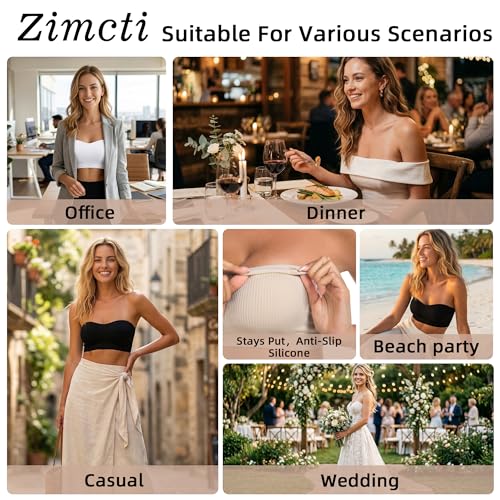 Image of Zimcti Strapless Bras for Women-Non Slip Silicone Grip Bandeau, Wirefree Seamless Tube Top, Removable Pads, Clear Strap