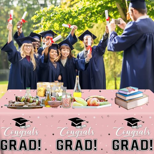 Image of 2026 Graduation Decorations,Congrats Grad Tablecloth 2pcs White Pink Class of 2026 Table Covers Rectangle for Graduation Party Supplies,108x54inch(Pink)