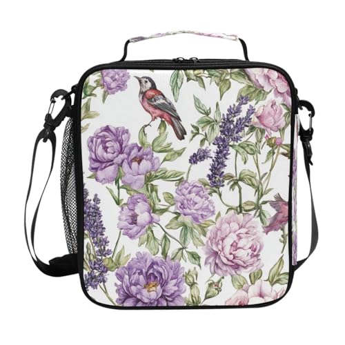 Caihoyu Bolsa térmica térmica ligera con hebilla para jardín de infantes, flores de primavera, peonías, lavanda, pájaros