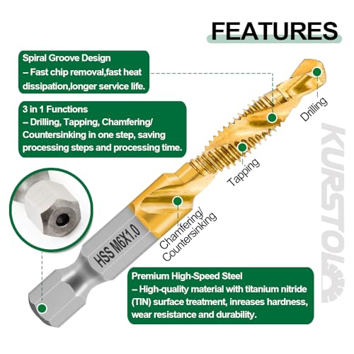 KURSTOL HSS Tap Bit Set - 13pcs SAE/Metric Combination Drill Tap for Drilling, Tapping, Countersinking, Titanium Combination Drill with Quick Change Shank Extension Rod Fixed on Tapping Machine - Thumbnail 6