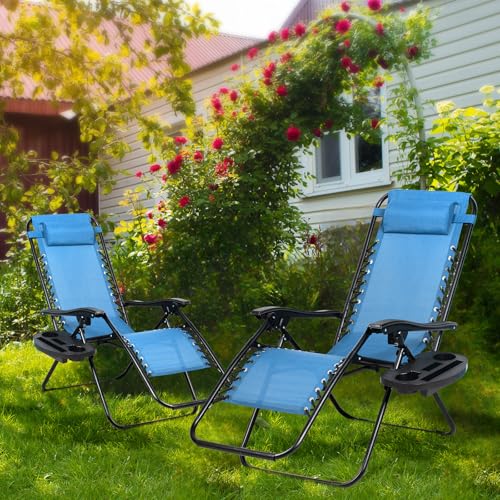 Nazhura Set of 2 Relaxing Recliners Patio Chairs Adjustable Steel Mesh Zero Gravity Lounge Chair Beach Chairs with Pillow and Cup Holder (Sky Blue)