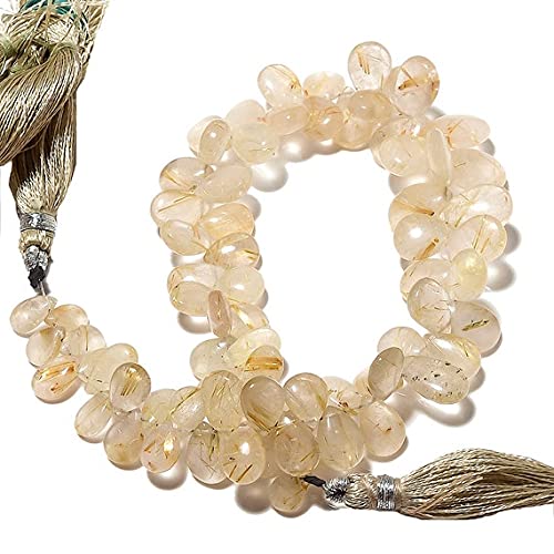 Quartz rutilé doré contre les bijoux ternes : perles poires lisses lumineuses de 9 pouces