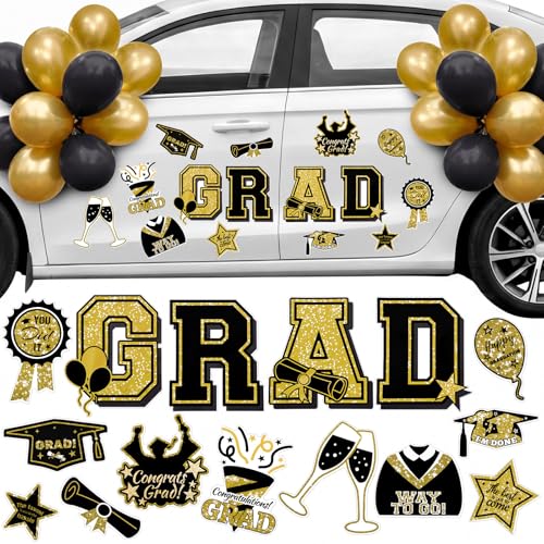 Gemscream 2026 Graduation Car Magnets Decorations 23 Inflatable Graduation Cap 15 Pcs Congrats Grad Car Magnets Stickers Class of 2026 Decor for Parade High School College(Gold and Black Grad)