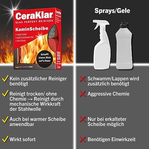 Foto von abrazo CeraKlar KaminScheibe - 2 Kaminscheibenreiniger für kratzfreie Kamin Scheibenreinigung ohne Chemie, Kaminglasreiniger, Kaminreiniger Scheibe