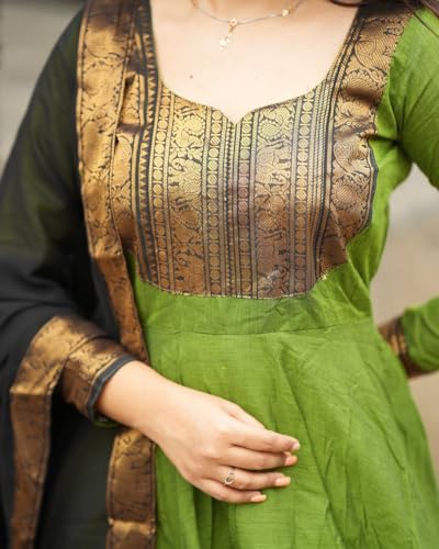Image of Women's Vichitra Silk Anarkali Gown with Dupatta, Navy Blue Flared Traditional Dress with Magenta Zari Border, Jacquard Weaving Full Sleeves Ethnic Suit