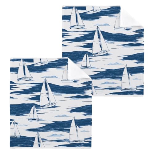 ALAZA Wash Cloth Set 100% Cotton Fingertip Towels Face Cloths Sets Sail Boat Highly Absorbent Soft Feel Set of 2