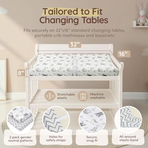 Image of Baby Changing Pad Covers Table Sheet 32 inch x 16 inch, 8 inch Deep Pocket - Diaper Changing Pad Cover, 100% Cotton Chevron & Sloth Baby Sheets for Girl & Boy, 2 Pack, Designed in France, White-Grey