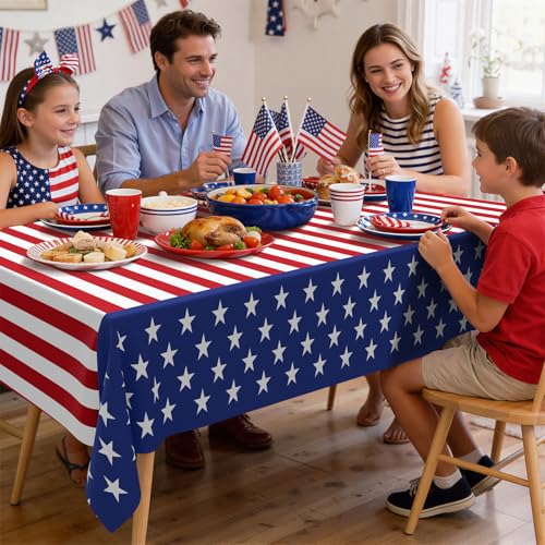 Image of Smiry Disposable Table Cloth 3 Pack, 54 x 108 Inch Waterproof Plastic Tablecloth, Decorative Rectangle Table Covers for Party, Birthday, Picnic, American Flag