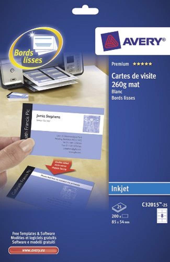 AVERY - C32015-25 - 200 tarjetas blancas con bordes lisos. 85x54mm. La impresión de inyección de tinta