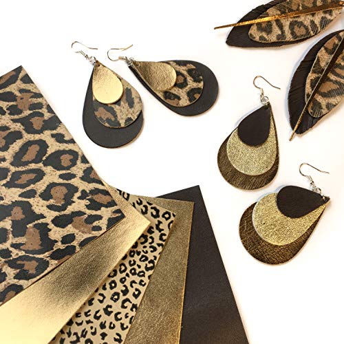 Leopard Print Real Leather Sheets : Leather Material For Crafts And Leather Earrings Making 5X5In Large 5 Pieces Of Genuine Brown Leather With 2 Kinds Of Gold Metallic Leather #TOP4