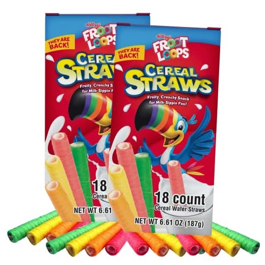 2023 Kellogg's Cereal Straws Froot Loops Edible Breakfast Straw Alternatives for Milk, 90's Childhood Nostalgic Treat for Drinking and Eating, Cereals for Kids, Pack of 2, 36 Straws…