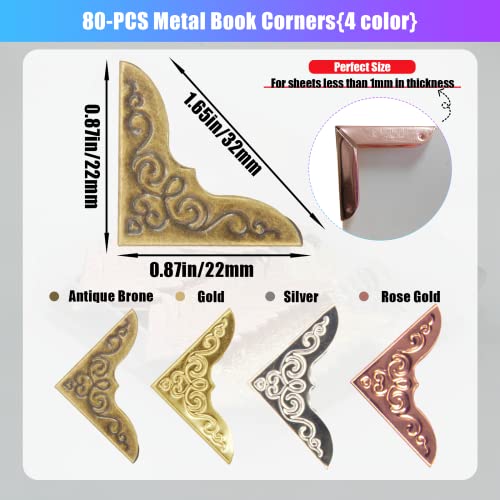80-Pcs Metal Book Corners, Small Book Corner Protector, Iron Corner Decorative For Scrapbook Photo Album Diary Cover Corner Scrapbook Album Menus Folder(Gold, Silver, Rose Gold, Antique Bronze) #TOP2