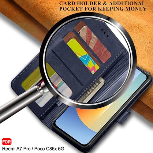 Image of TheGiftKart Genuine Leather Finish Flip Back Cover Case for Mi Redmi A7 Pro /Poco C85x 5G / C81 | Inbuilt Pockets & Stand | Designer Button Magnet Flip Back Cover Case (Faux Leather, Blue)
