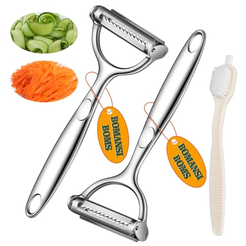 BOMANSI BOMS 2 in 1 Ultra Sharp Vegetable Peeler for Kitchen with Clean Brush, Julienne Peeler Y Peelers for Potatoes, Carrots, Fruits, Veggie, 2 Pack