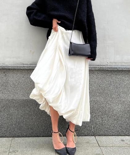 SOMTHRON Women's Bubble Satin Maxi Skirt Low Waist Ruffle Pleated A Line Puffy Summer Flowy Balloon Skirt4