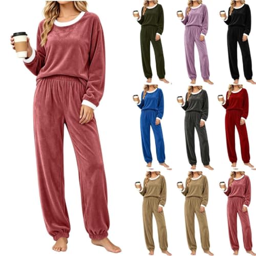Womens Flannel Pajamas Set Long Sleeve Crew Neck Top Cuffed Jogger Pants - image 1