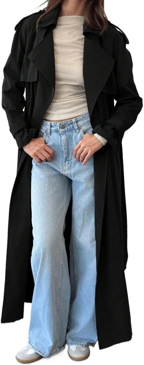 Womens Fashion Trench Outwear Long Waist Double-Breasted Lapel Trench Coat Jacket Coat