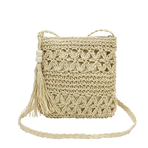 Bolsa tiracolo feminina de palha de tecido boêmio - Bolsa leve de praia de verão com alça ajustável, Bege