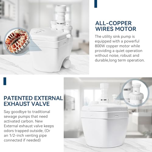 Image of Upgraded 1 HP Utility Sink Pump with PCB Function Upflush to 36FT 2200GPH Under Sink Pump with 3 Water Inlets 1 Outlets Macerating Toilet System for Sink Shower Wash Bin Urinal Kitchen Basement