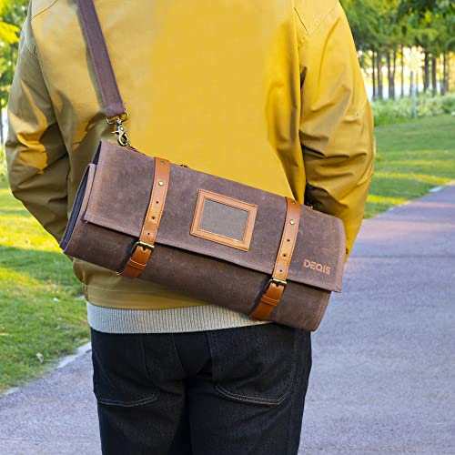 Deqis Knife Roll Chef Waxed Canvas Bag Storage 13 Slots And 1 Large Zipper Pocket Carry Shoulder Strap Handle And Name Card Professional Folding Cooking Tools Case Organizer,Knives Not Included,Brown #TOP2